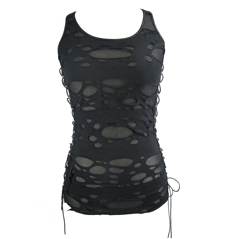 Punk women's black irregular hole tank top with lace-up sides, perfect addition to a gothic fashion wardrobe.