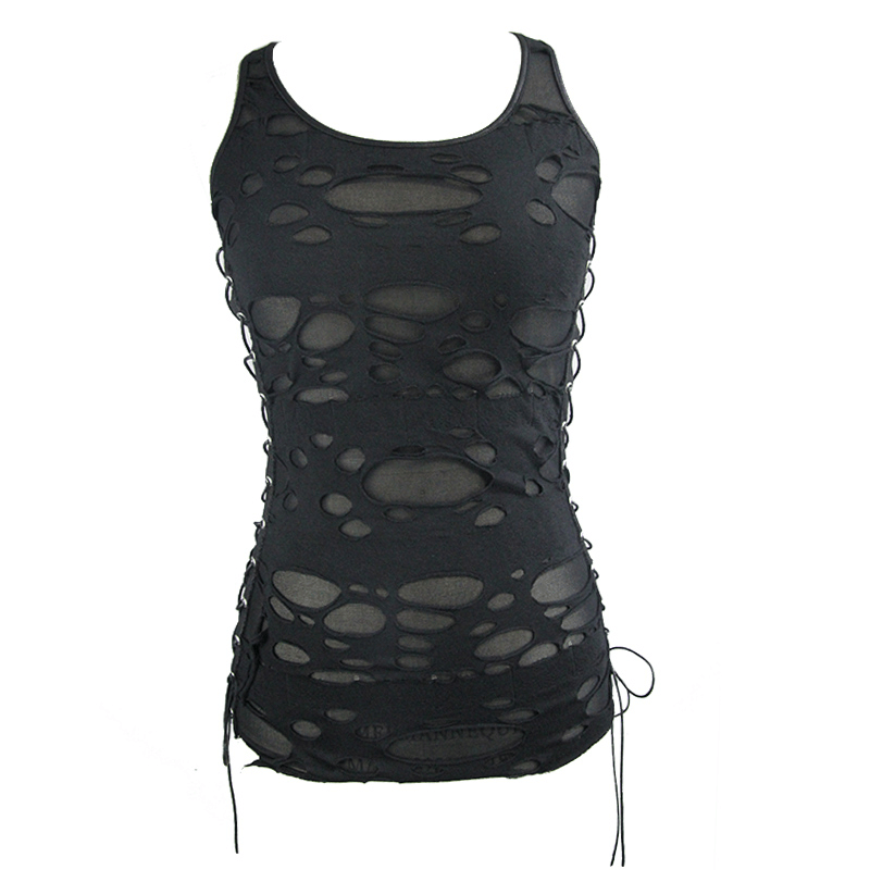 Punk Women's Black Irregular Hole Tank Top / Gothic Female Hollow Tank Tops With Lace-up on sides - HARD'N'HEAVY