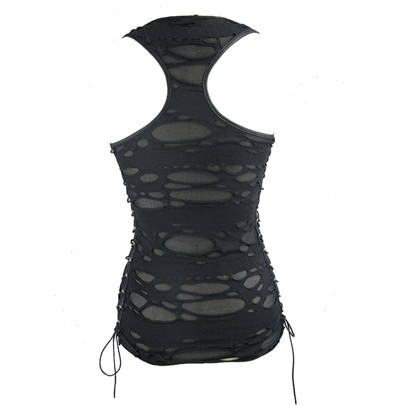 Back view of a punk women's black tank top with irregular holes and lace-up sides for a gothic fashion statement.