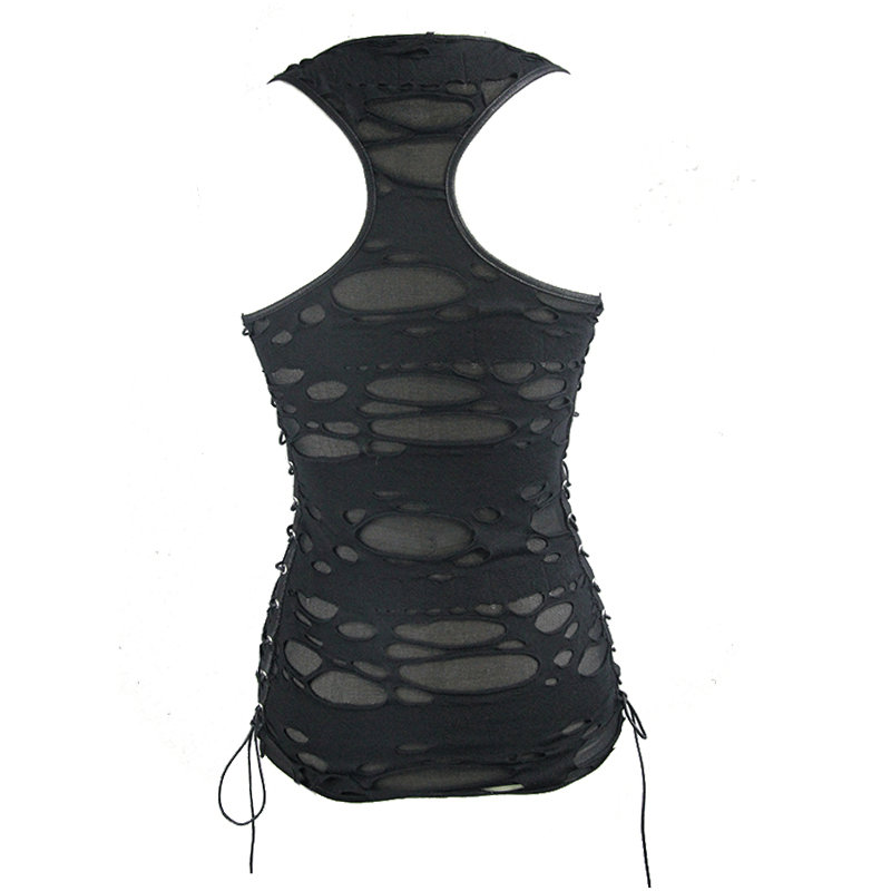 Punk Women's Black Irregular Hole Tank Top / Gothic Female Hollow Tank Tops With Lace-up on sides - HARD'N'HEAVY