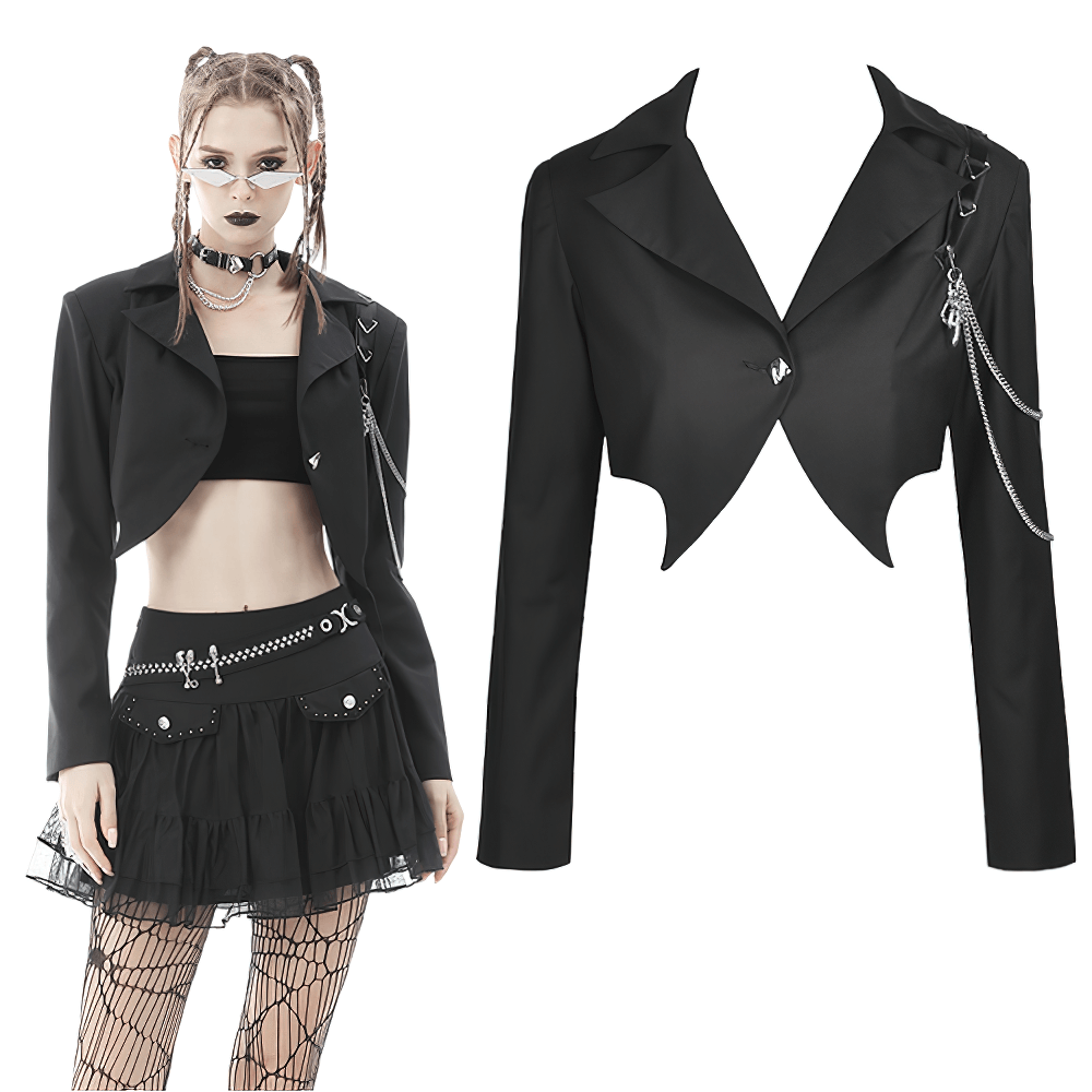 Punk women's black crop jacket with chain embellishments, perfect for an edgy goth look.