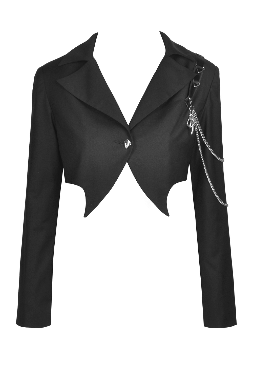 Punk women's cropped black jacket with edgy chain embellishments on sleeves for a bold goth look.