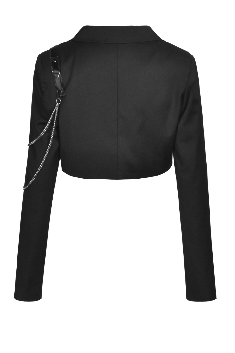 Back view of a punk women's cropped jacket with chain embellishments, perfect for edgy goth looks.