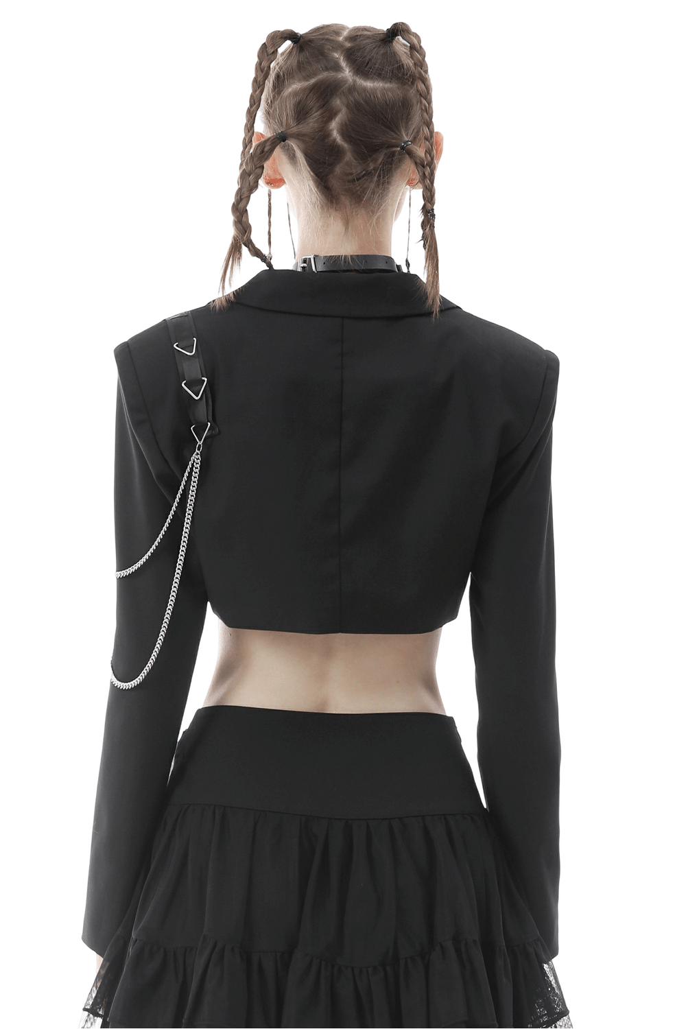 Back view of a black punk women's cropped jacket with chain details, showcasing a stylish and edgy look.
