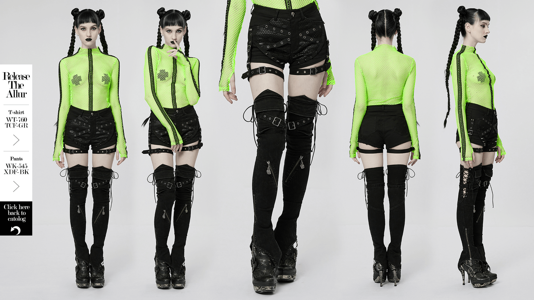 Punk women's leg warmers featuring skull claws, worn with a neon green top, showcasing a rebellious style and fierce attitude.