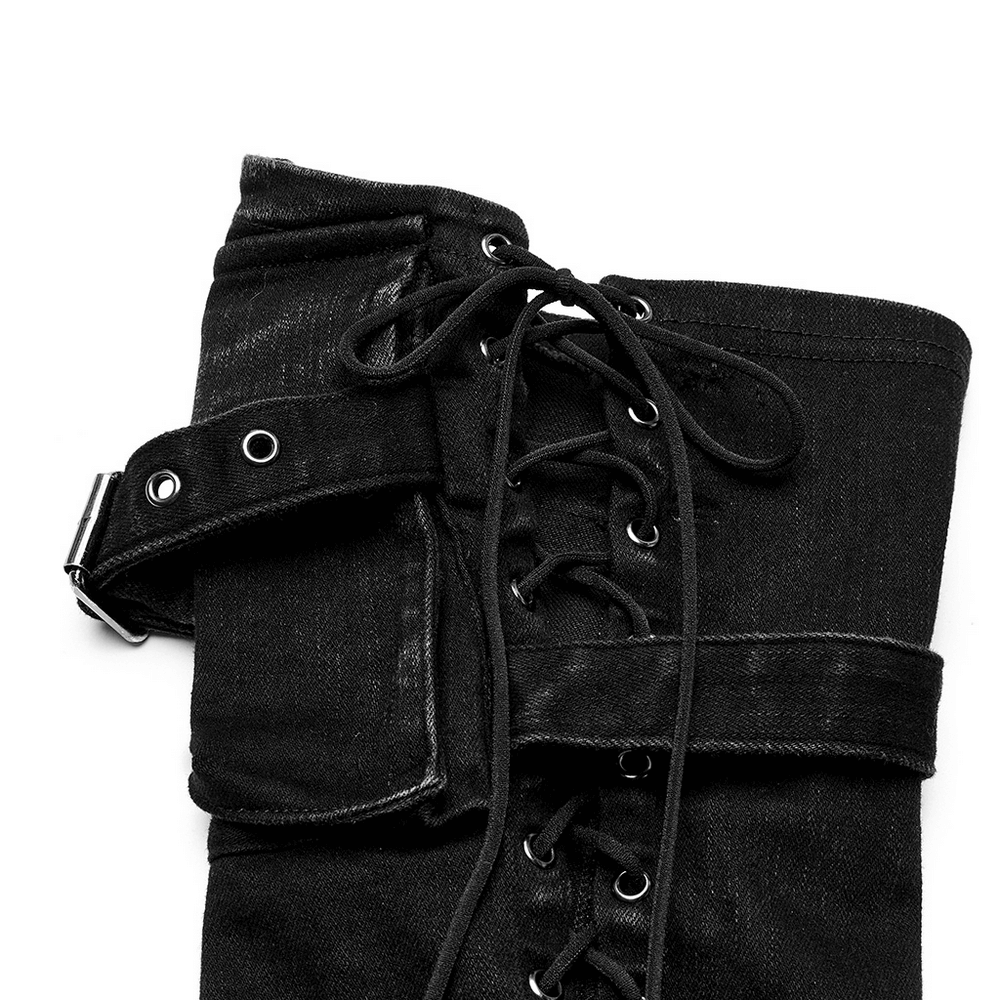 Punk women's denim drawcord leg warmers showcasing stylish lacing, functional pockets, and edgy design details.