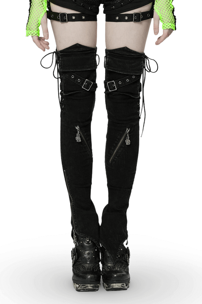 Punk women's black denim thigh-high leg warmers with skull claw zippers and adjustable drawcords, perfect for edgy style.
