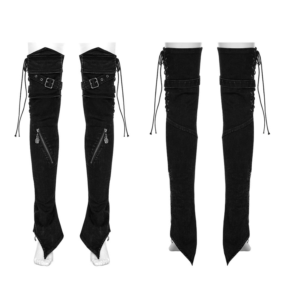 Punk women's denim drawcord skull claw leg warmers with zippers and adjustable ties for a fierce look.