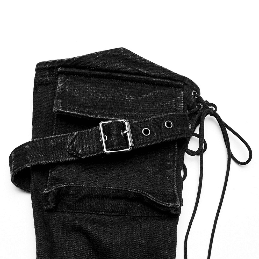 Black denim leg warmer with adjustable drawcord, buckle detail, and functional pockets for punk style.