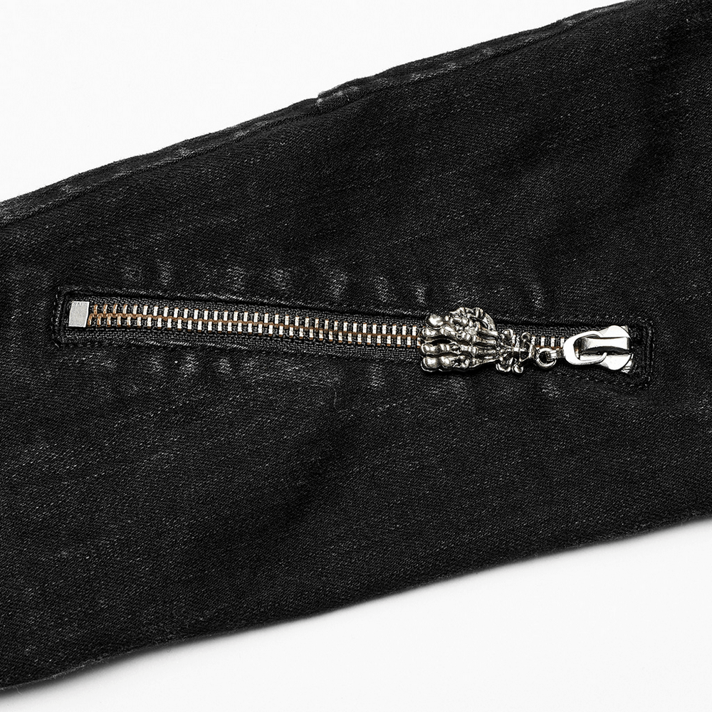 Close-up of punk women's denim leg warmers featuring a claw zipper and dark stretch denim texture.