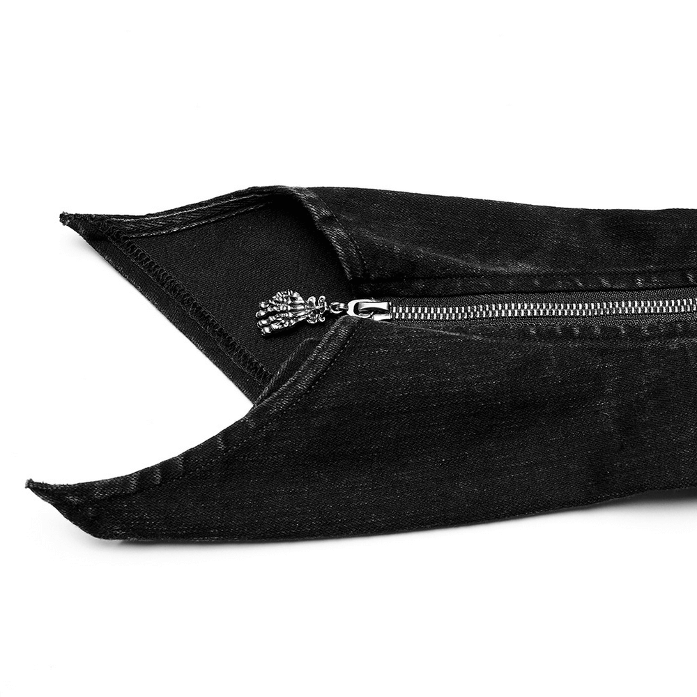 Punk women's denim leg warmers featuring skull claw zipper and stylish cut design.