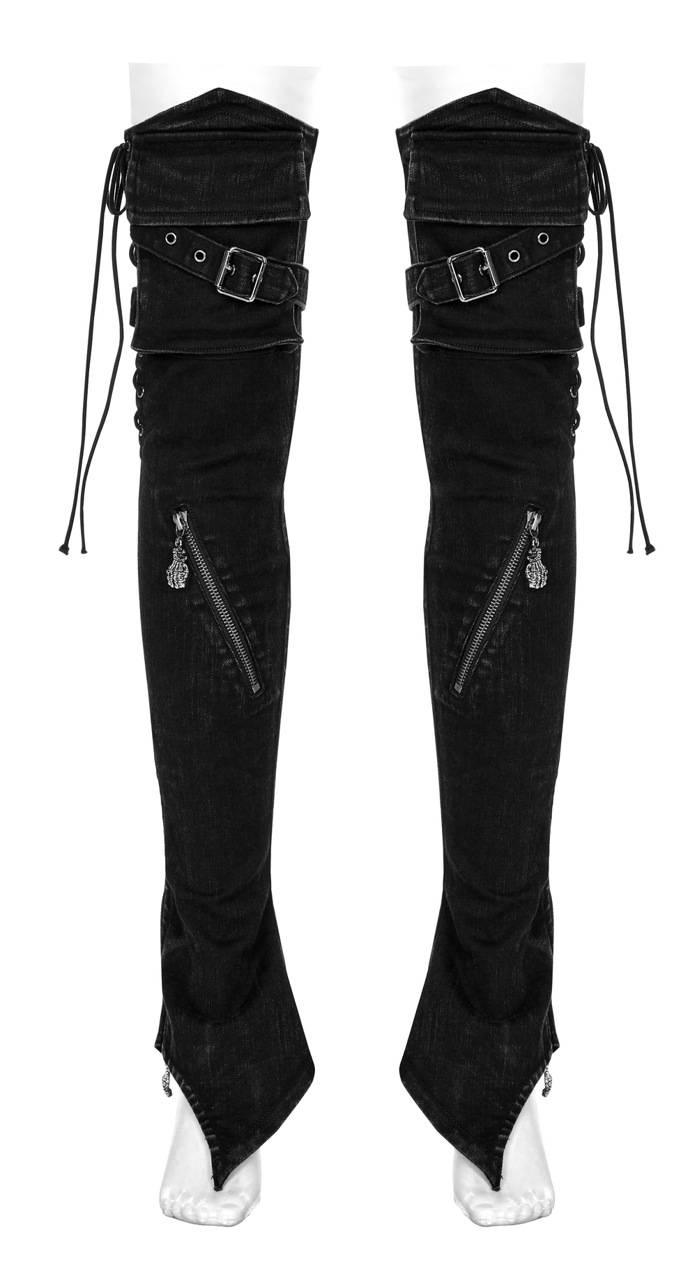 Punk women's denim drawcord leg warmers with skull claw zippers and adjustable drawcords for a fierce look.