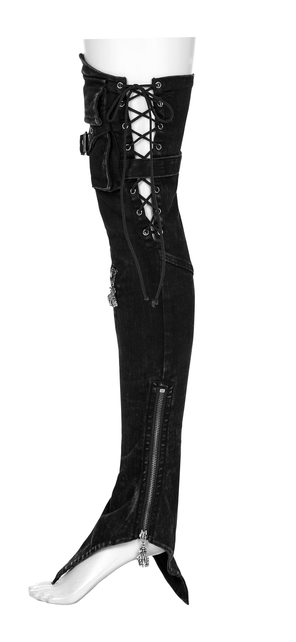Punk women's denim leg warmers with skull claw and adjustable drawstring for bold style.