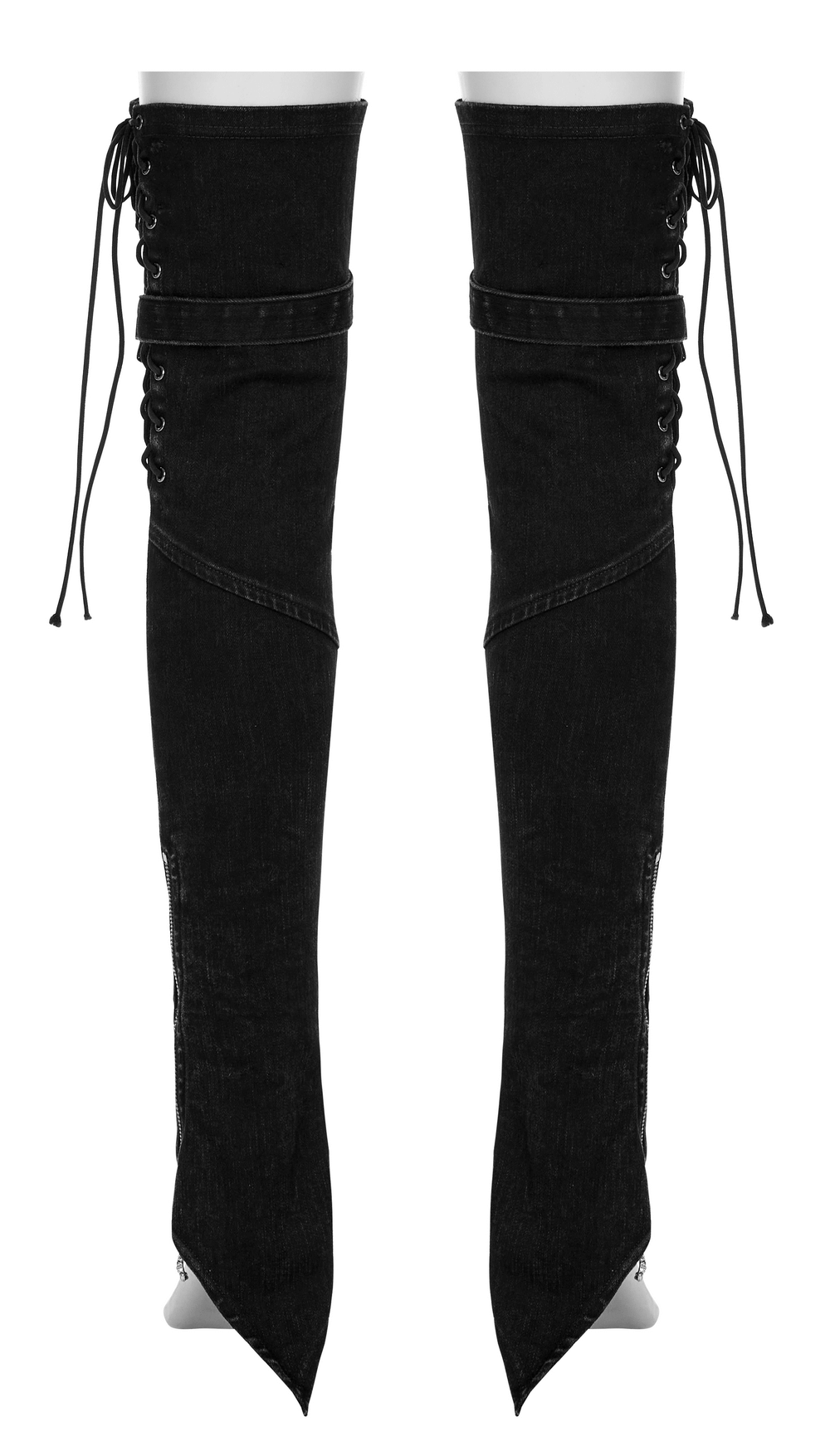 Punk women's denim drawcord skull claw leg warmers with zippers and adjustable ties for a bold rock-inspired look.