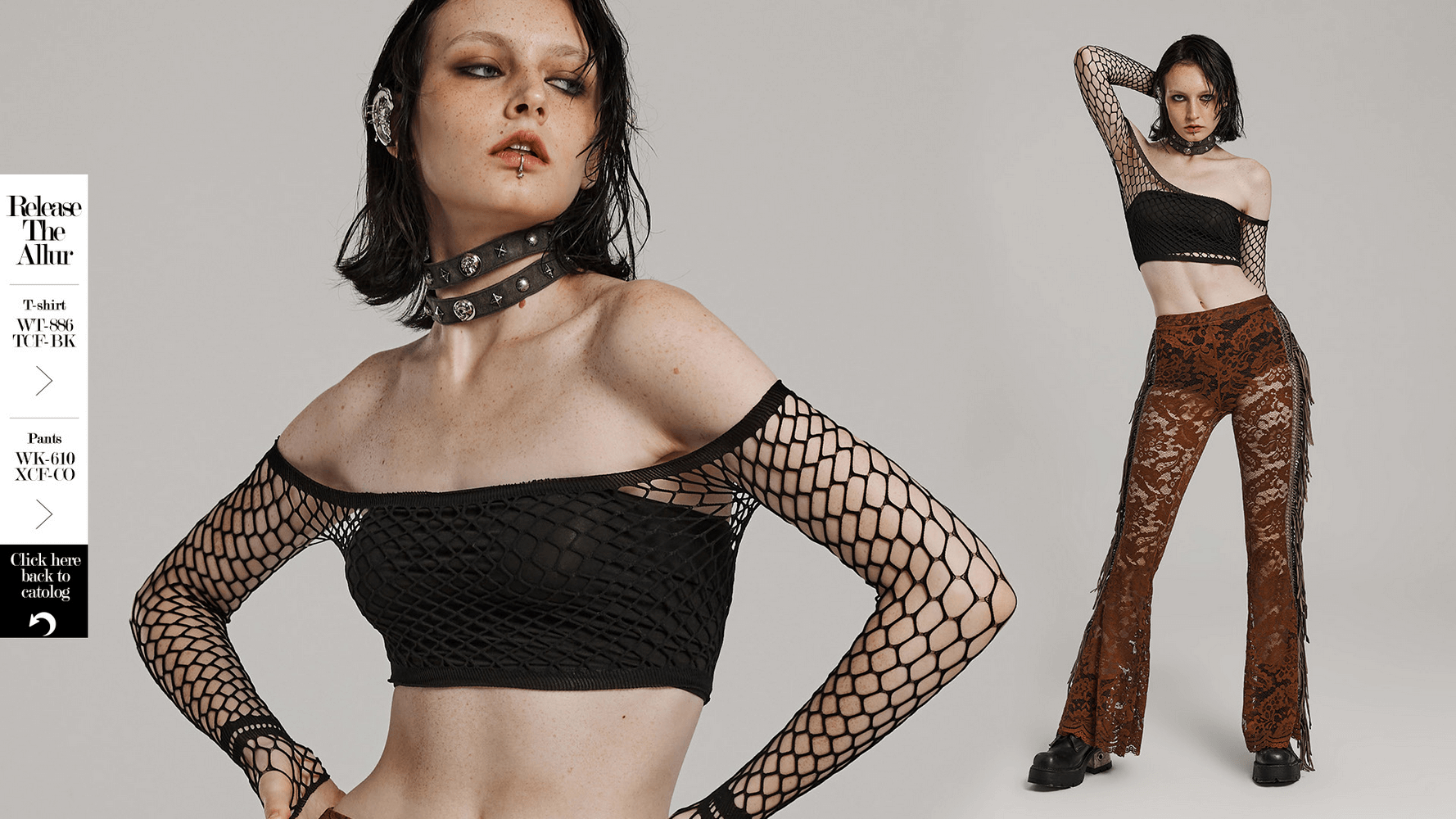 Punk women's double strap choker with skulls, edgy fishnet top, and stylish flared pants in a bold fashion shoot.