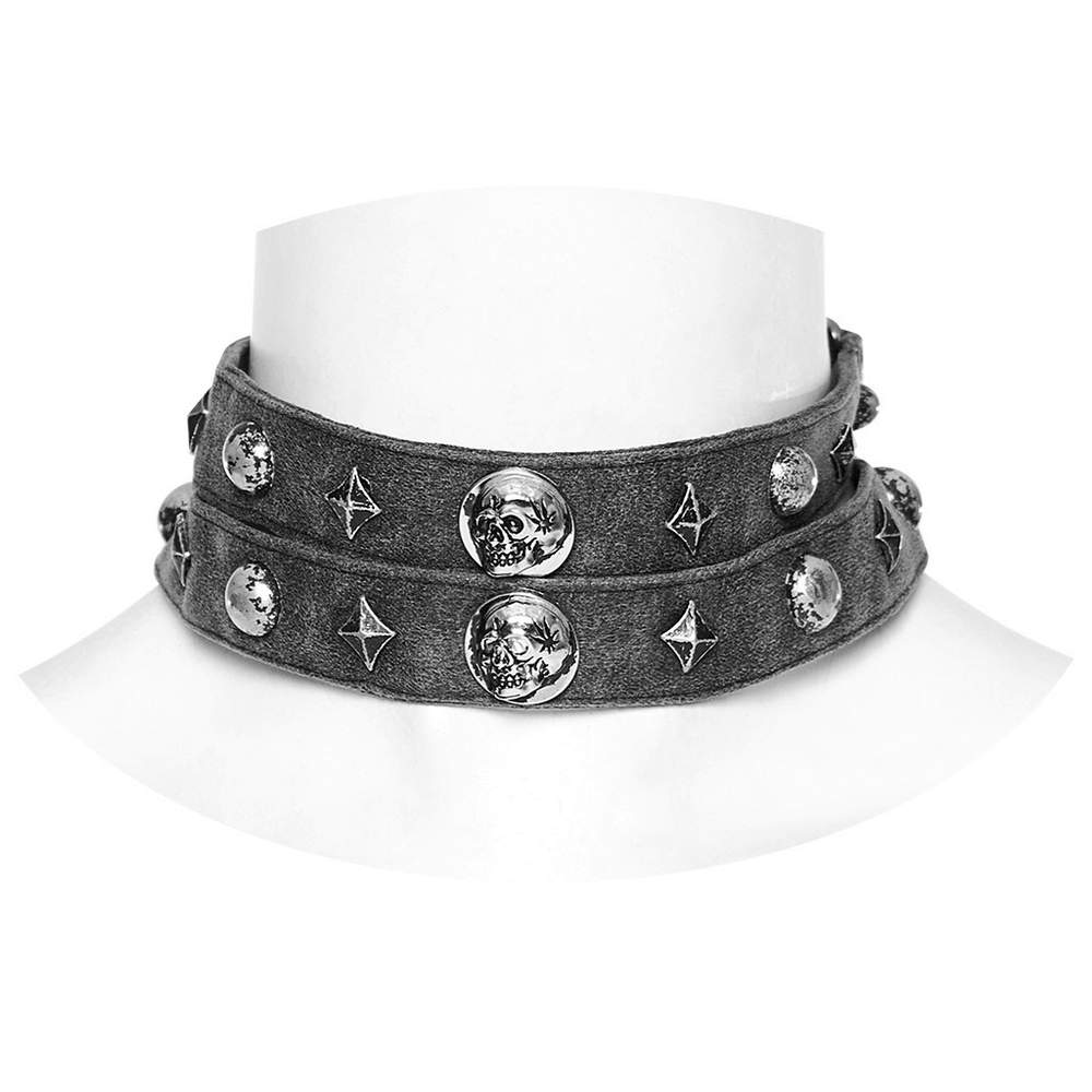 Punk women's double strap choker with skulls, rivets, and edgy style for a bold, rockstar look.