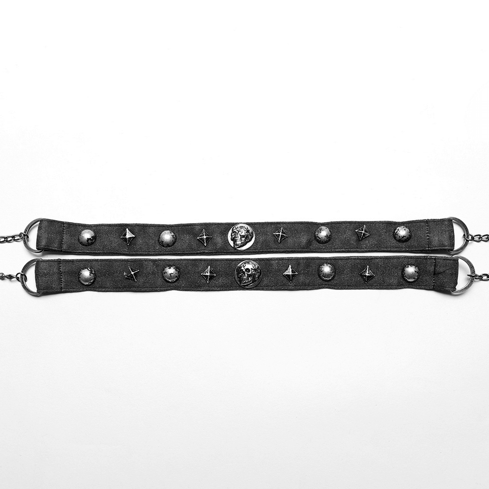 Punk women's double strap choker with silver skull and rivet accents, showcasing edgy double-row design.