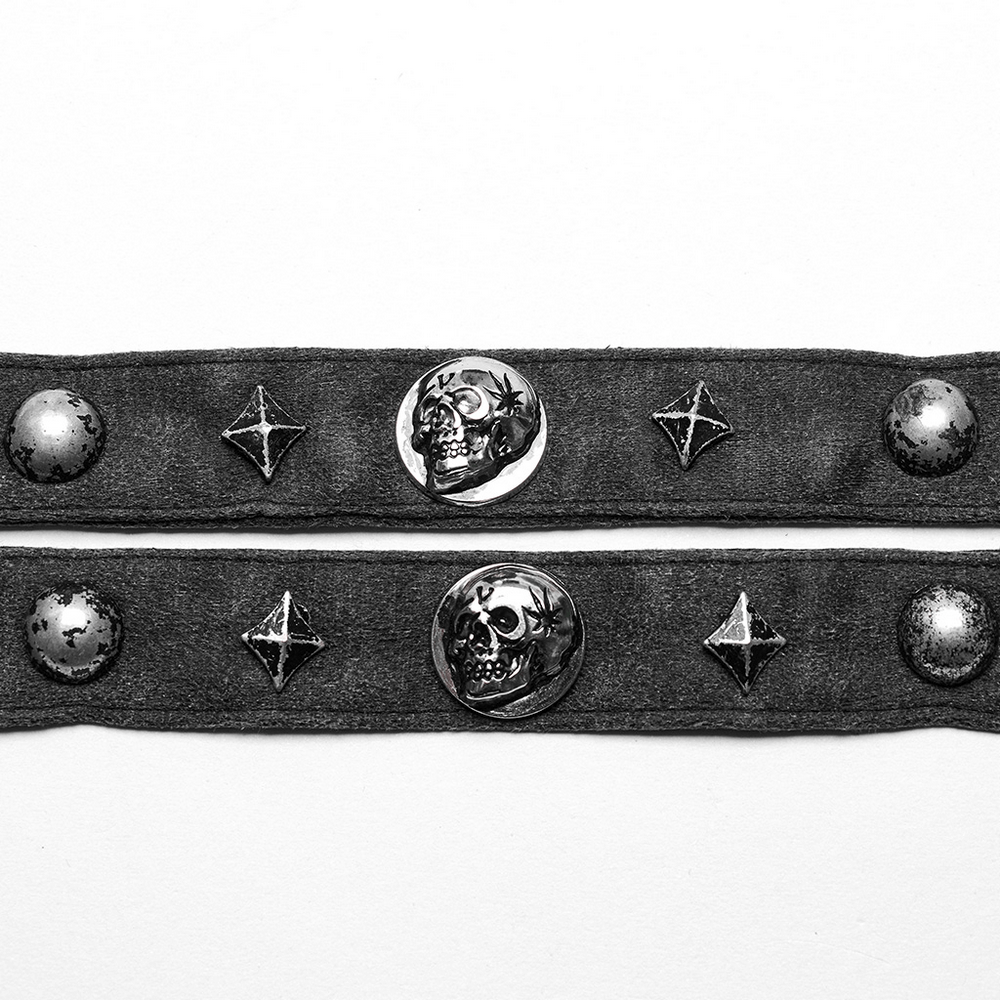 Punk women's double strap choker with silver skull and stud accents for a bold, edgy look.