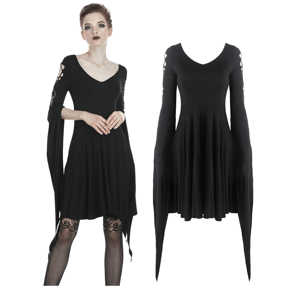 Punk Women's Dress with Open Back and Hooked Bell Sleeves