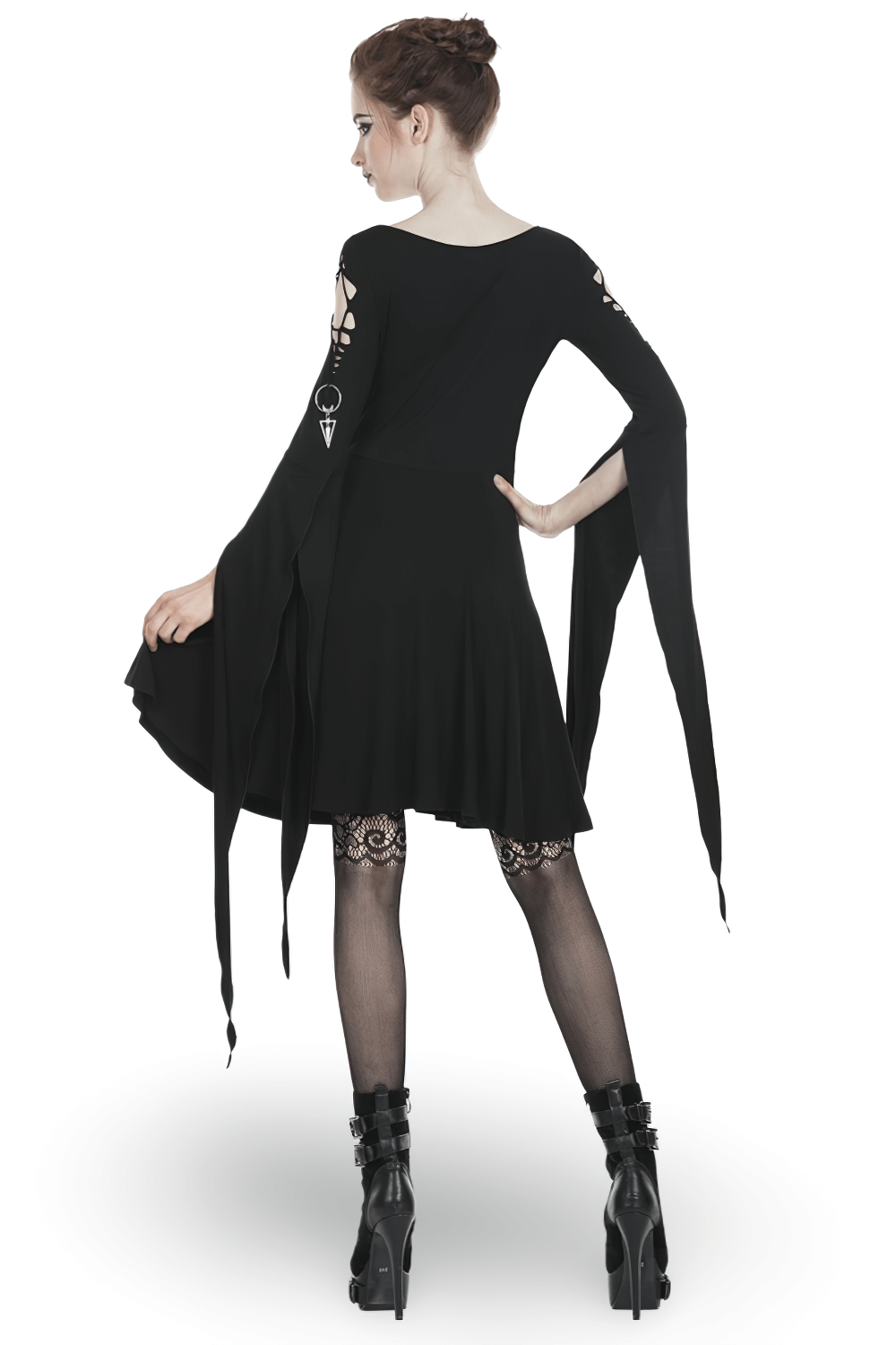 Punk Women's Dress with Open Back and Hooked Bell Sleeves