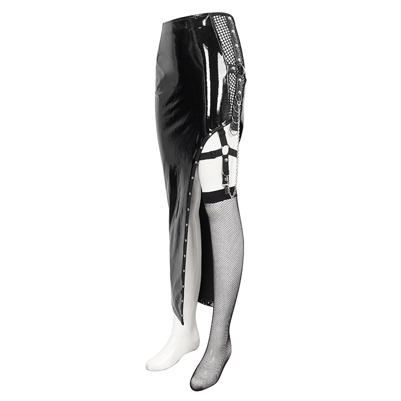 Punk women's irregular patent leather skirt with mesh stocking, edgy fashion statement, bold design and unique cut.