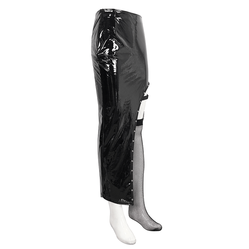 Punk women's irregular patent leather skirt with mesh stocking, showcasing edgy style and bold design.