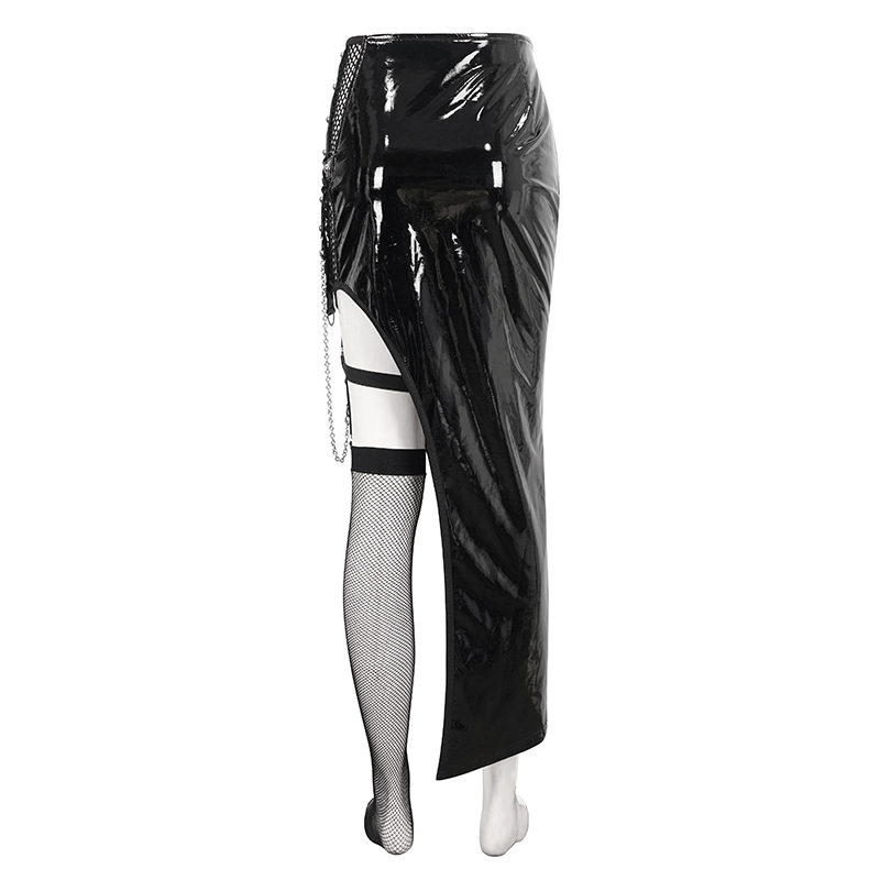 Punk women's irregular patent leather skirt with edgy mesh stocking, perfect for daring fashion statements.