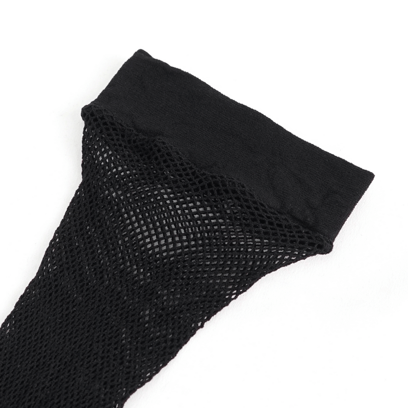 Close-up of a black mesh stocking's top band, perfect for adding an edgy touch to punk outfits.