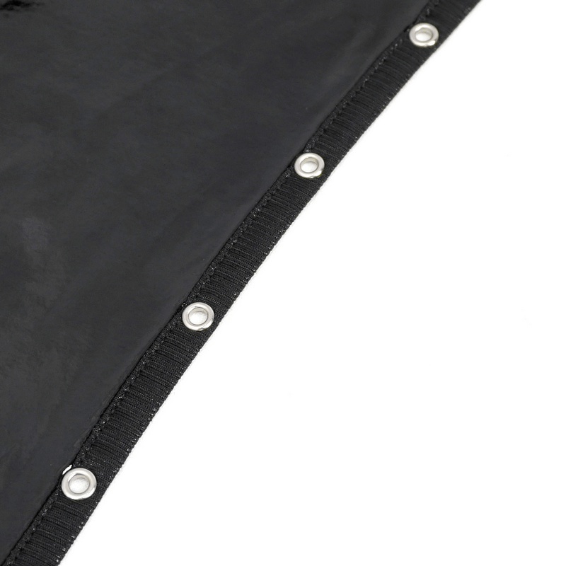 Close-up of the edge detailing on a punk women's irregular patent leather skirt with grommets.