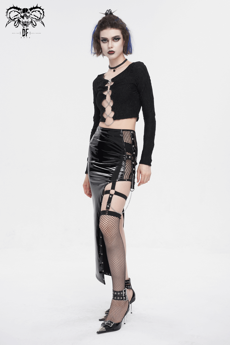 Punk women's irregular patent leather skirt with mesh stocking, embodying edgy rebellion in stylish fashion.