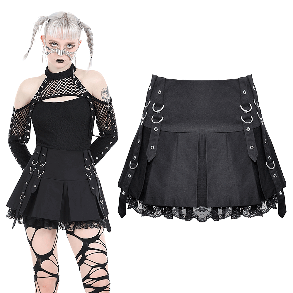Gothic punk women's mini skirt with lace trim and o-rings, perfect for edgy fashion lovers.