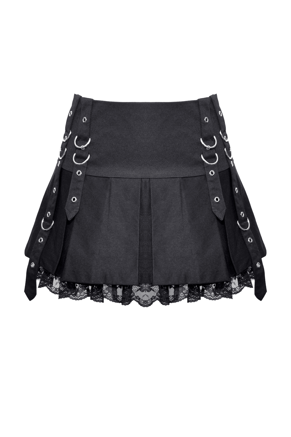 Punk women's mini skirt with lace trim and o-rings, featuring a feminine pleated design in black.