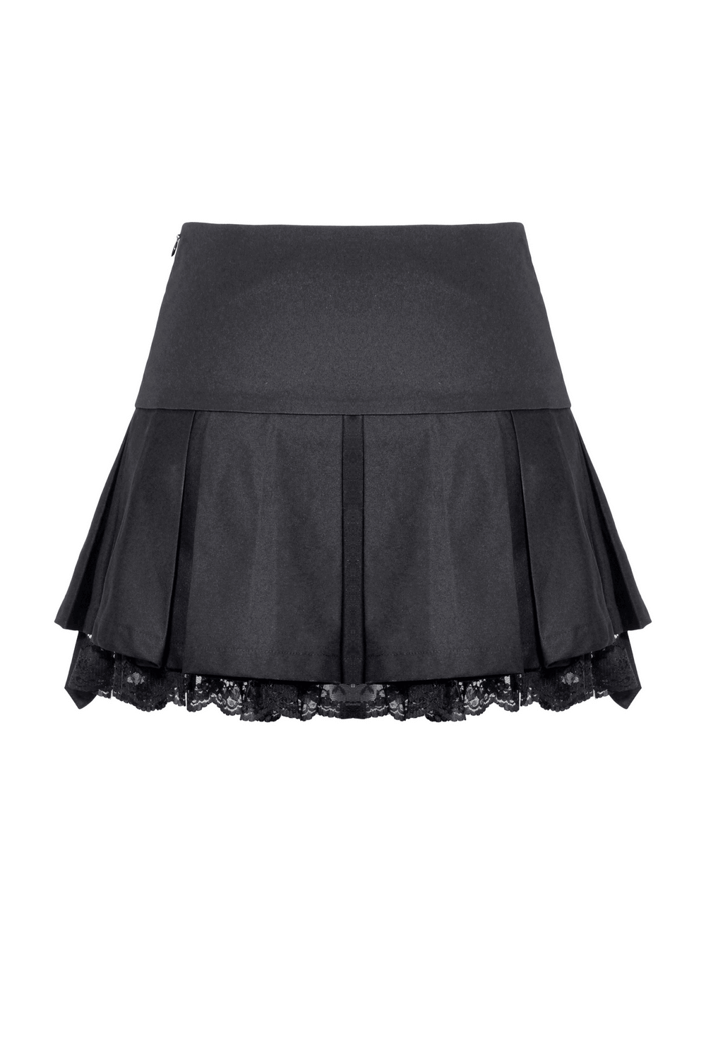 Punk women's black mini skirt with lace trim and pleats, perfect for edgy, gothic-inspired outfits.