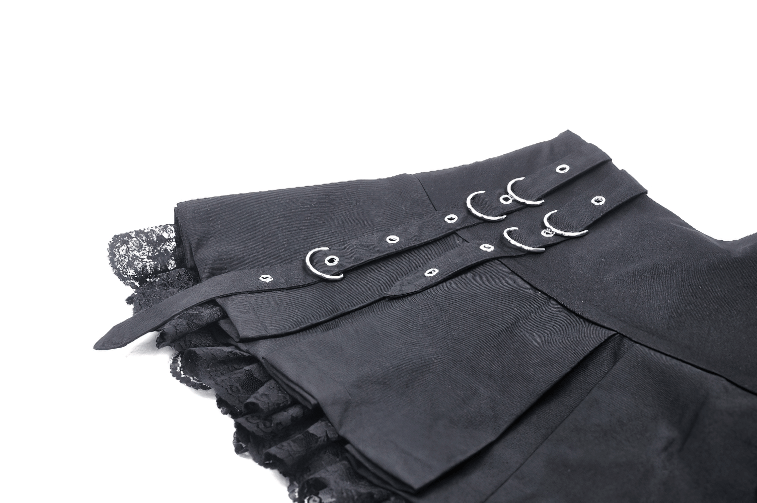 Black punk women's mini skirt featuring lace trim and silver o-rings, perfect for a daring night out look.