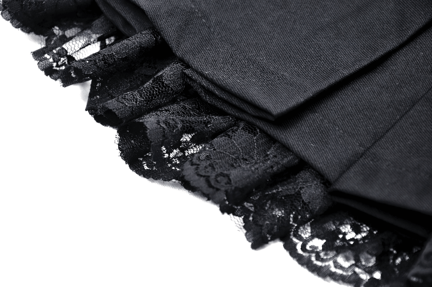 Close-up of a black mini skirt with lace trim details, showcasing punk style and feminine elegance.
