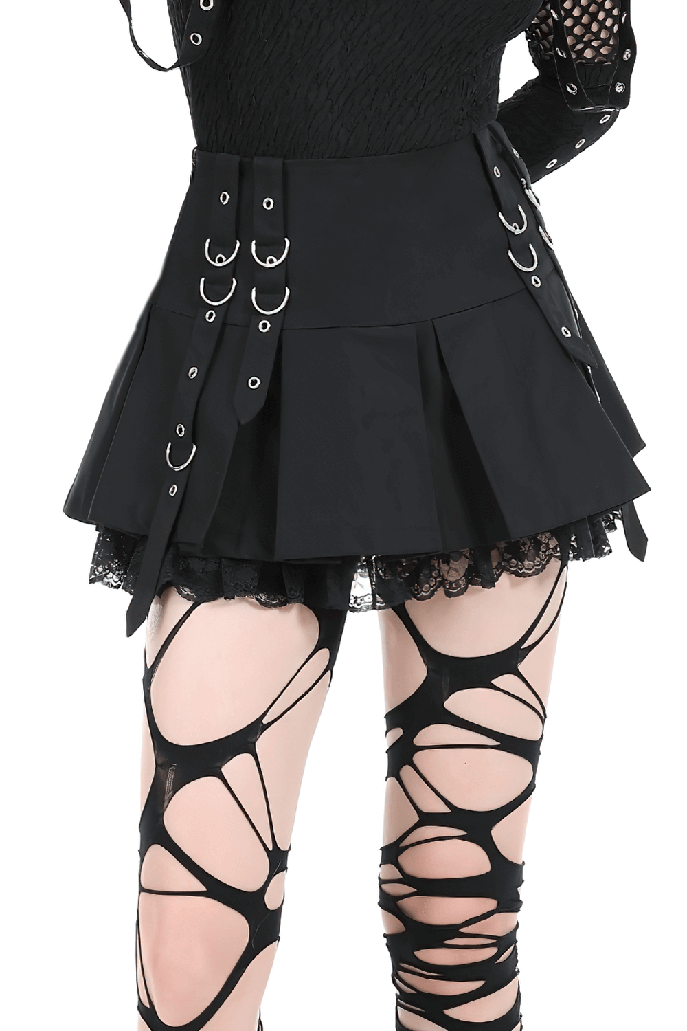 Gothic punk women's mini skirt with lace trim and O-rings for a bold, edgy style. Perfect for a night out or casual wear.