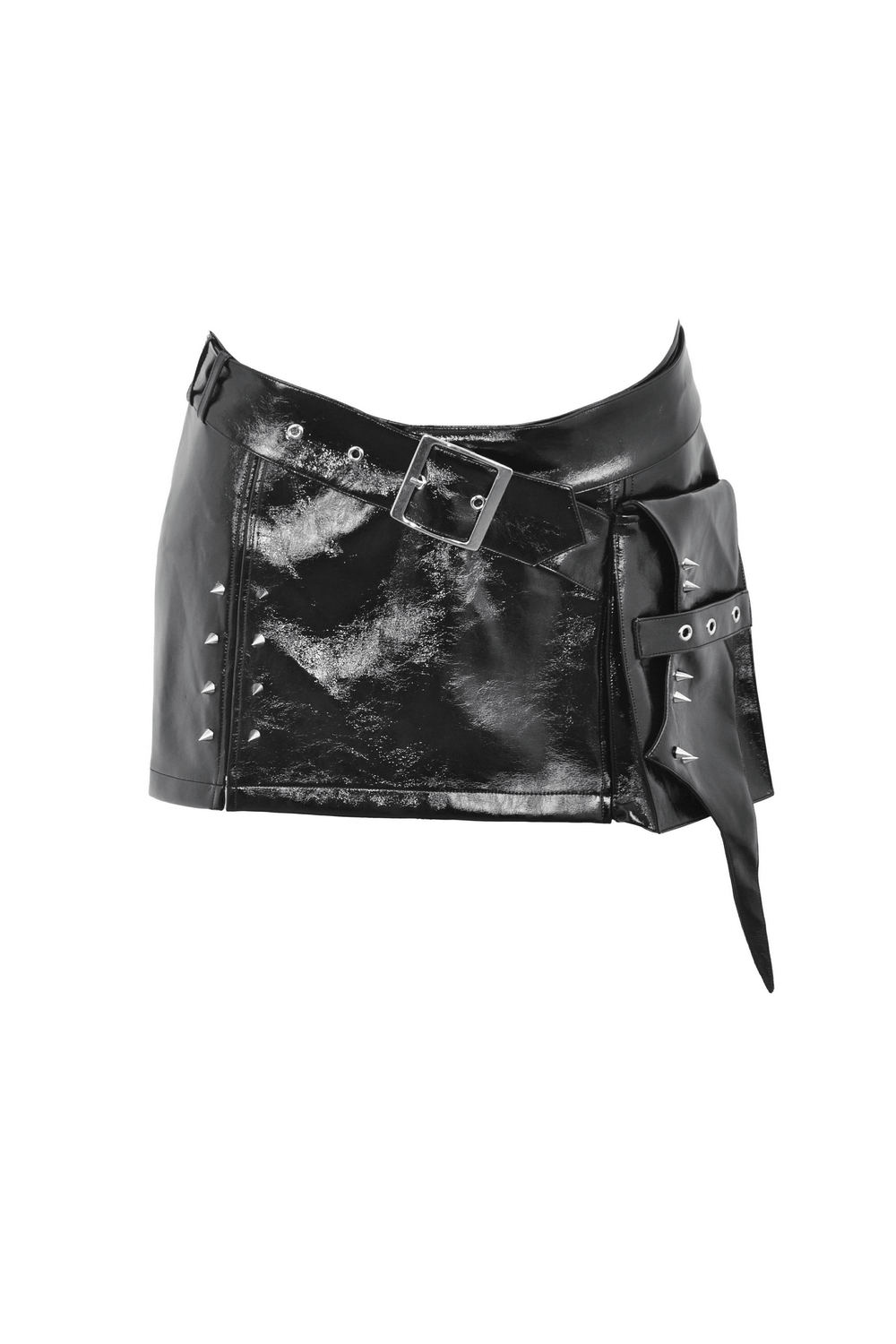 Punk women's black mini skirt with pockets, spiked accents, and chain details for a bold gothic style.
