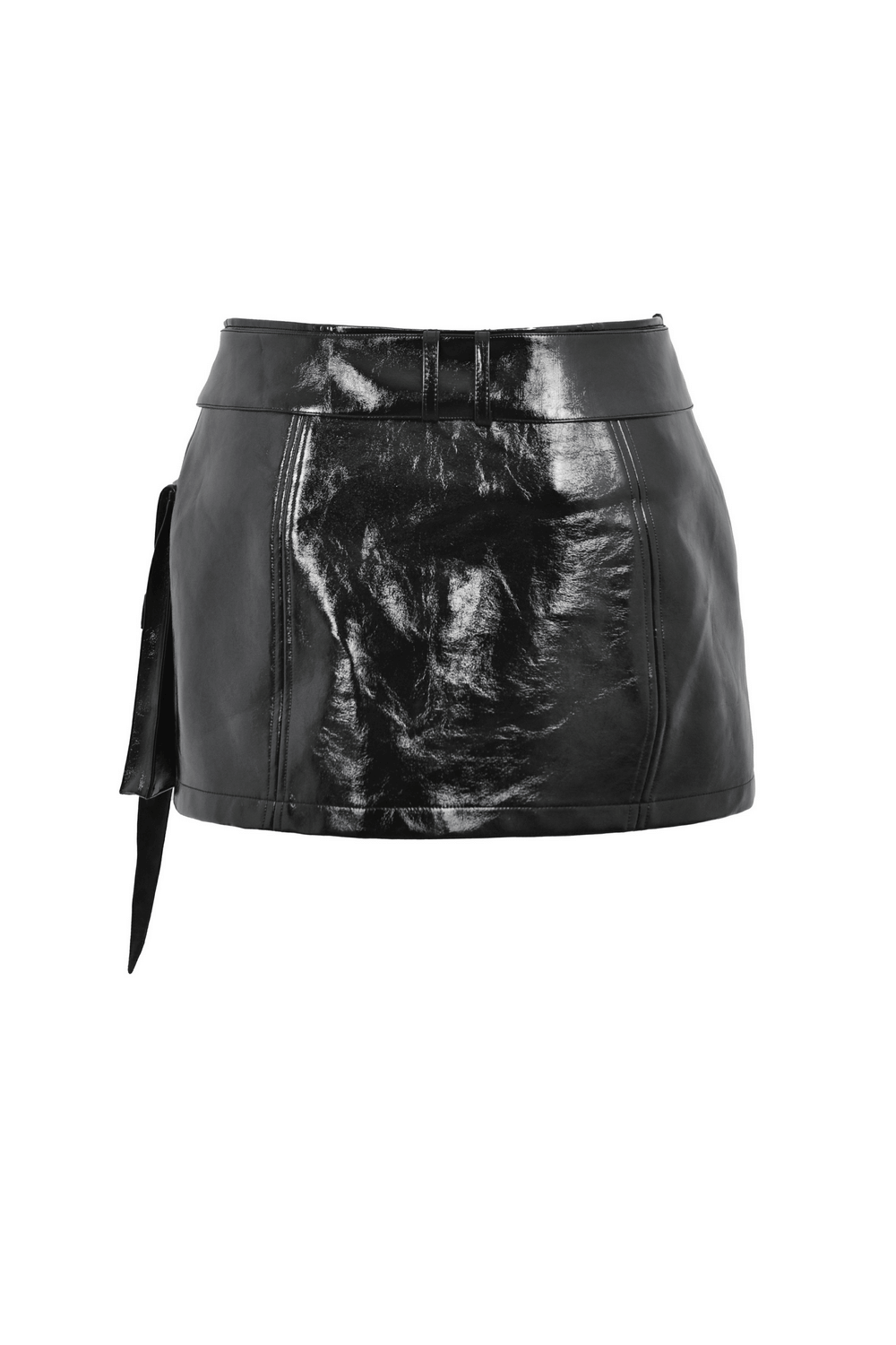 Punk women's black mini skirt in vegan leather with spiked accents and pockets, perfect for a bold, edgy look.
