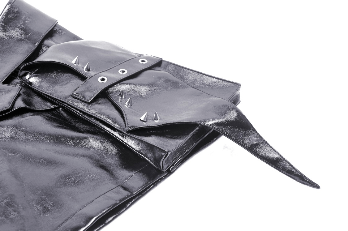 Stylish black mini skirt with spiked accents and belt, crafted from vegan leather, perfect for punk fashion lovers.