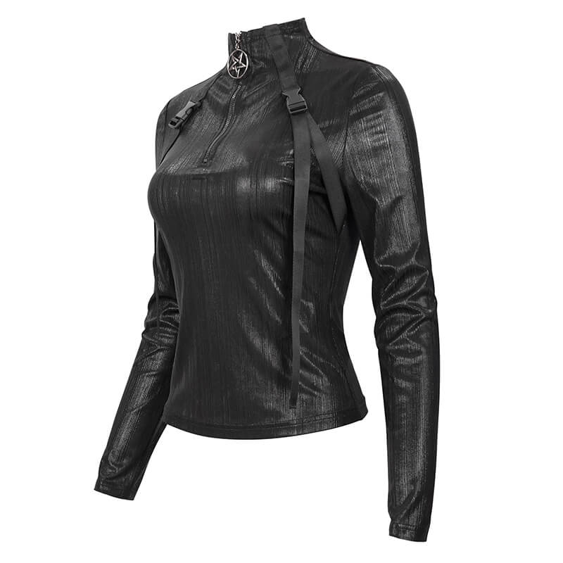 Punk Women's Stand Collar Long Sleeve Top with Belt / Stunning Black Tops Zip With Metal Pentagram - HARD'N'HEAVY