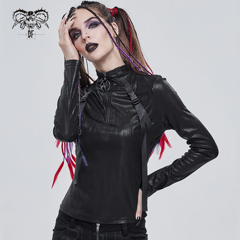 Punk Women's Stand Collar Long Sleeve Top with Belt / Stunning Black Tops Zip With Metal Pentagram - HARD'N'HEAVY