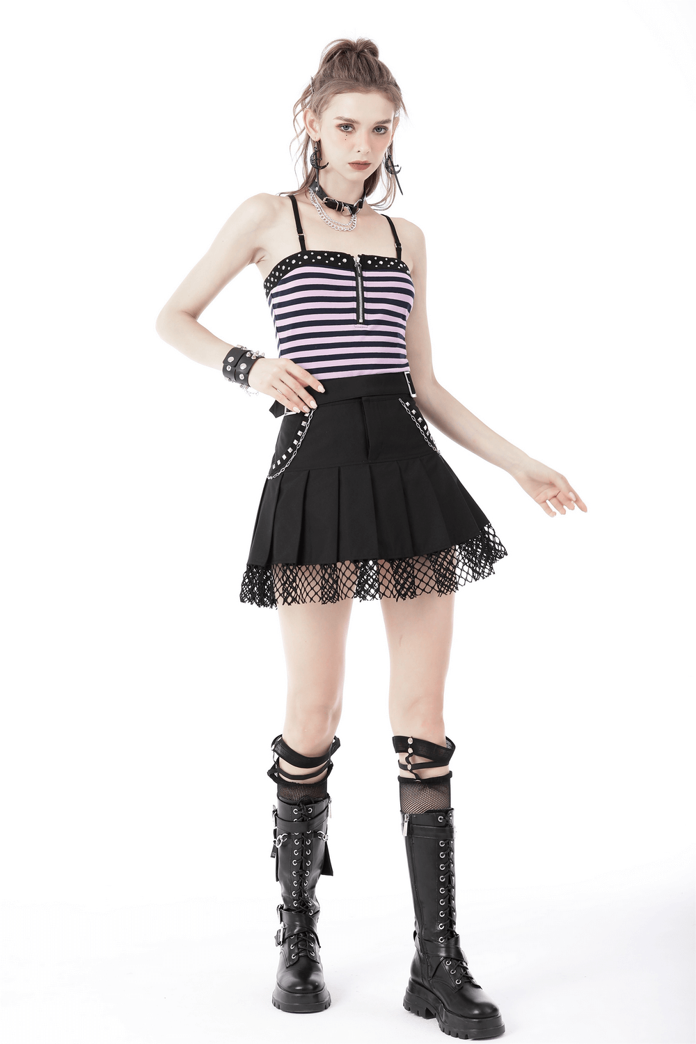 Punk Women's Striped Camis with Zipper and Rivets
