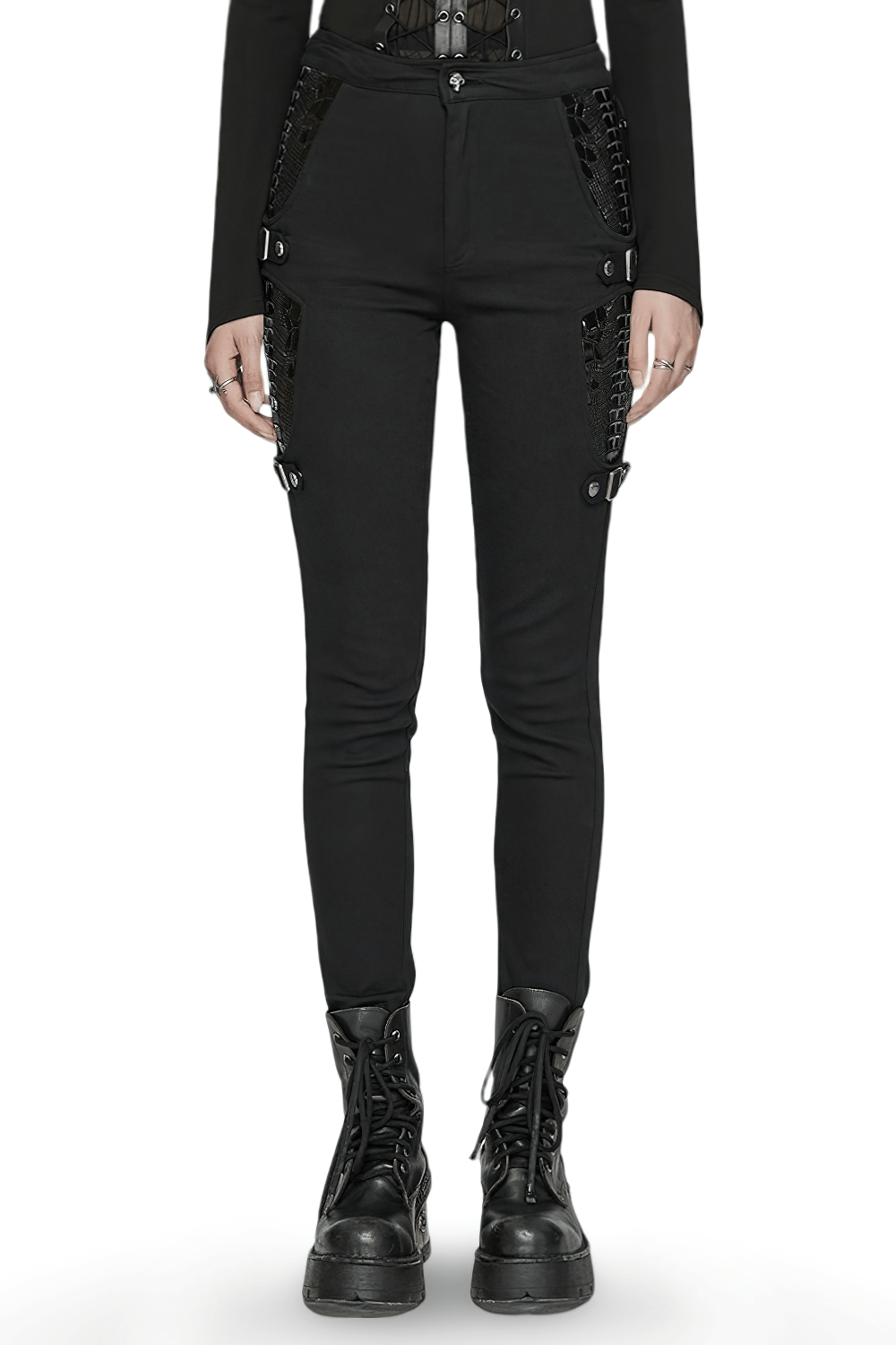 Punk women's trousers with skeletons and buckles, tight-fitting black pants for a stylish gothic look.