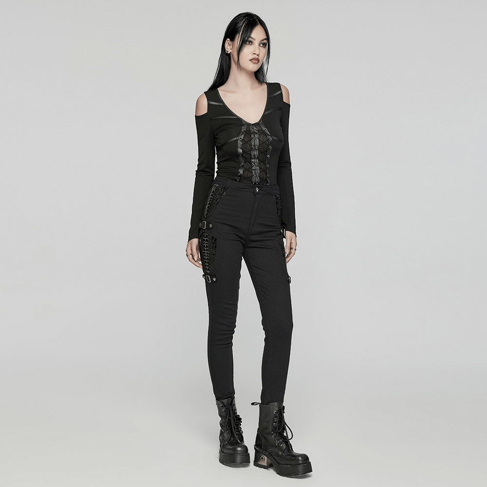 Gothic punk women's trousers featuring skeleton designs and stylish buckles, perfect for a rebellious fashion statement.
