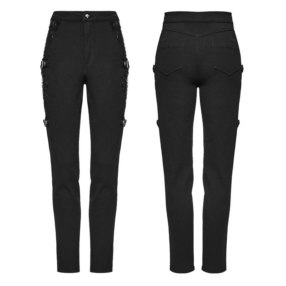 Gothic punk women's trousers featuring skeletons and buckles, tight-fitting design, side straps, front and back views.