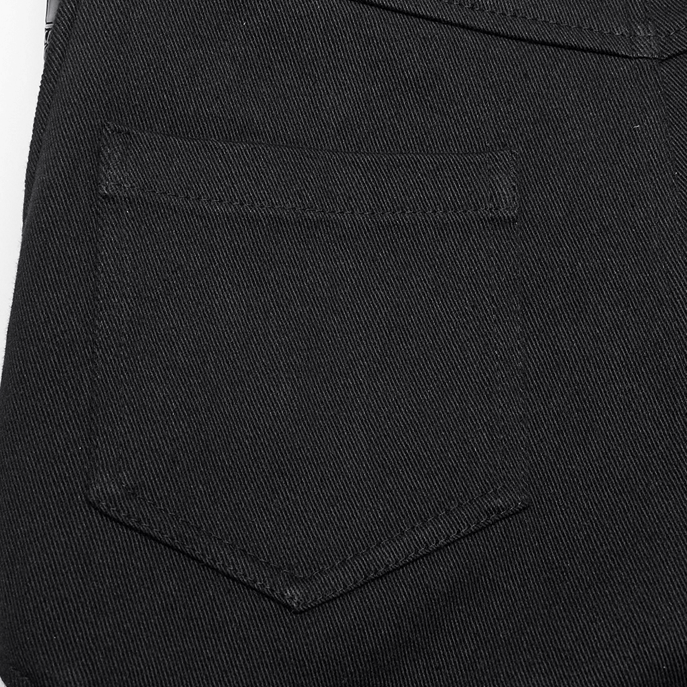 Close-up of a black punk women's trouser back pocket, showcasing sleek and stylish design.