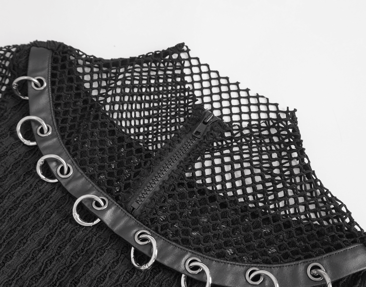 Close-up of punk women's black mesh zip-up t-shirt featuring O-ring details on sleeves and sleek zipper closure.