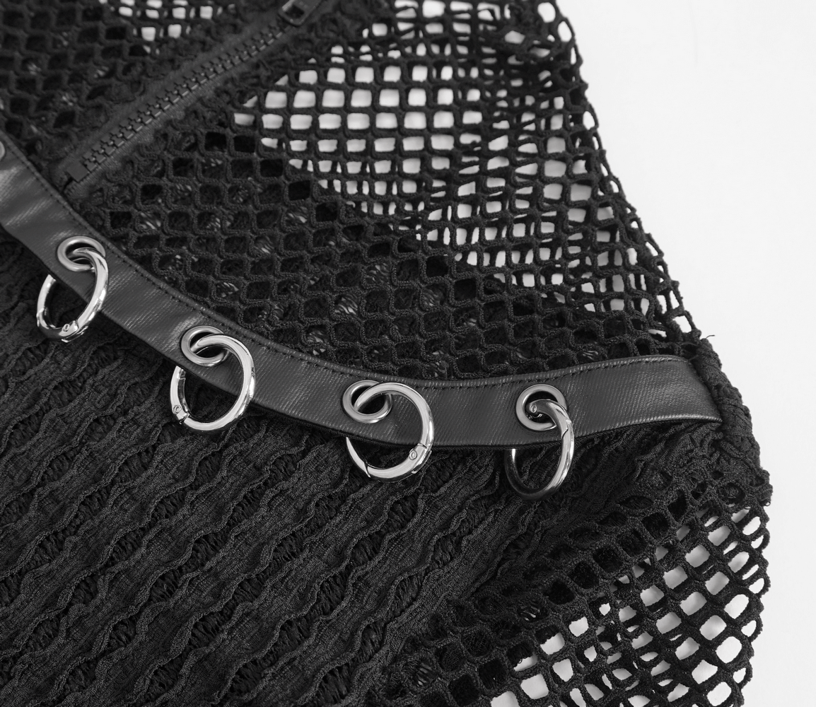 Close-up of a black mesh t-shirt showcasing o-rings on sleeves and zipper detail for a punk edgy style.