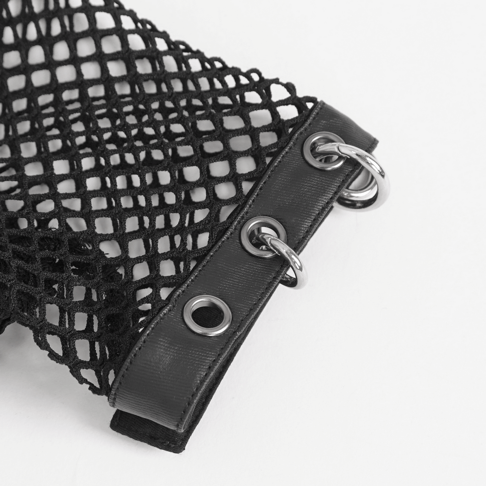 Close-up of punk black mesh fabric with o-rings on the sleeve detailing, perfect for edgy fashion lovers.
