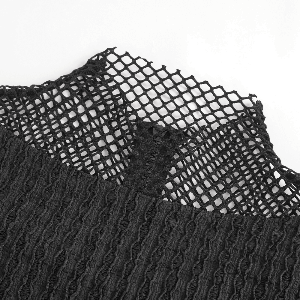 Close-up of black mesh fabric featuring textured design, perfect for an edgy punk t-shirt with unique style.